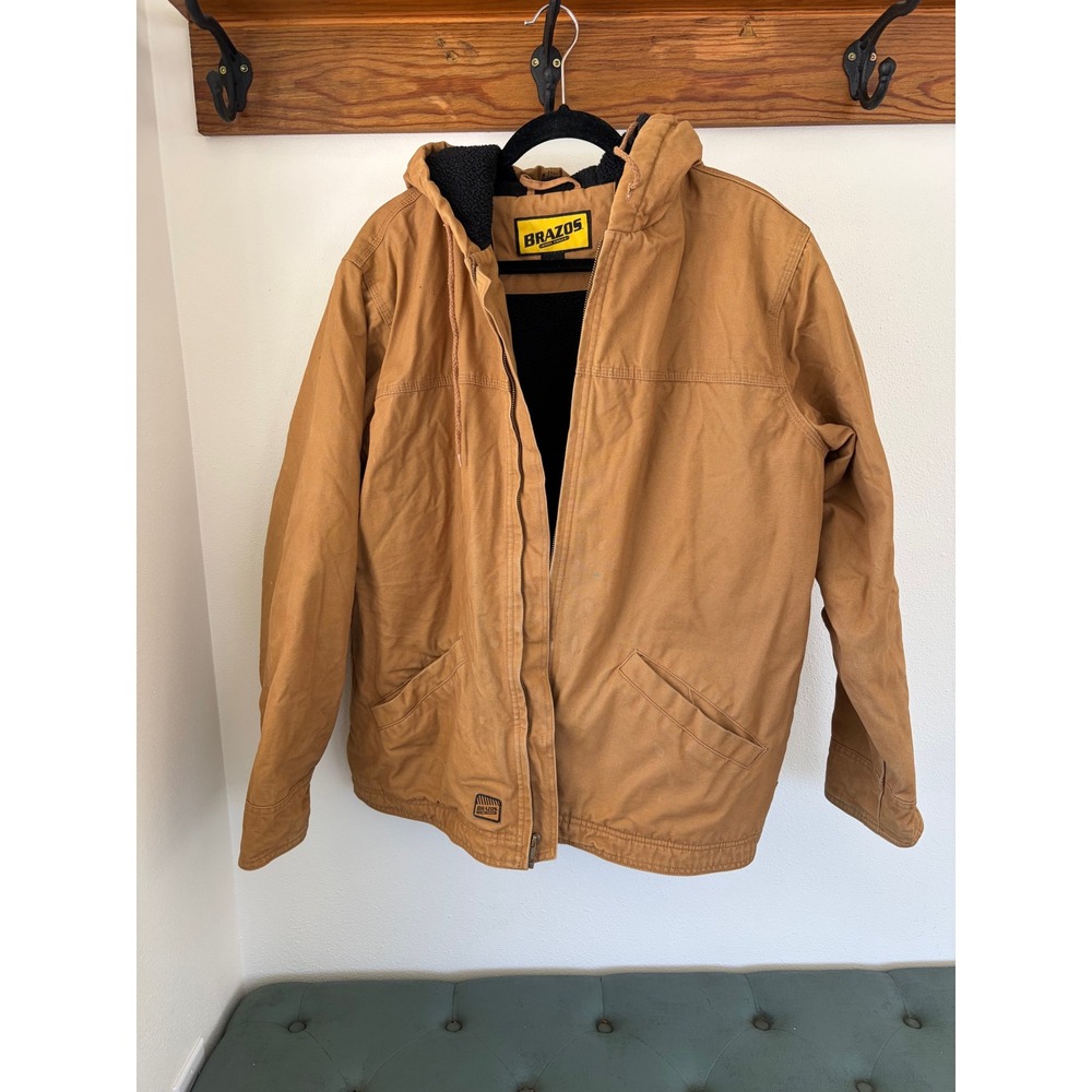 Brazos Work Force Mens Large Brown Canvas‎ Hooded Work Jacket Fleece Lined Duck